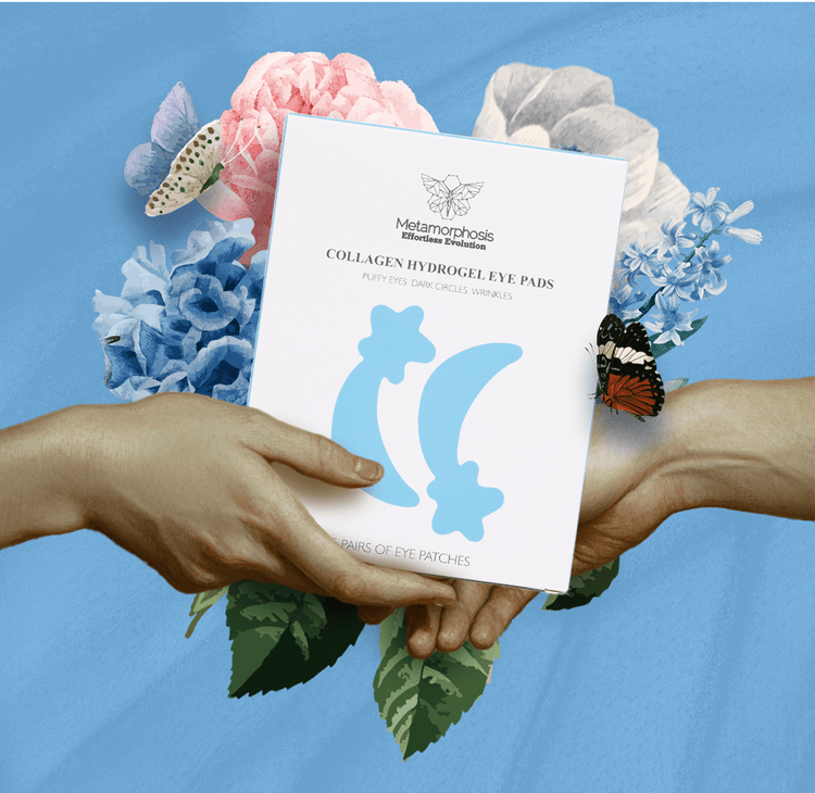Collagen hydrogel eye pad box held between hands with flowers.
