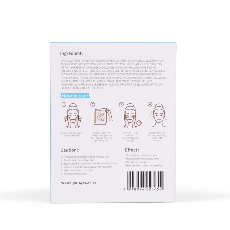 Hydrogel eye product packaging with instructions