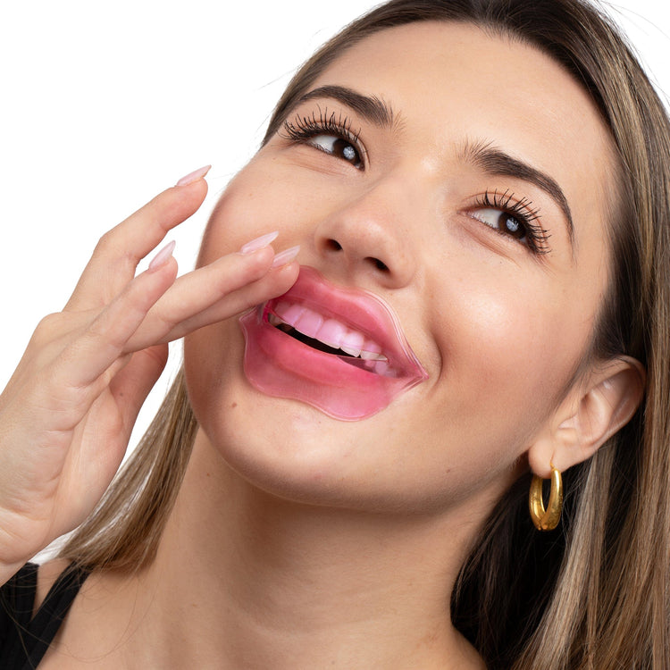 Woman with Lush Lips hydrogel lip mask.