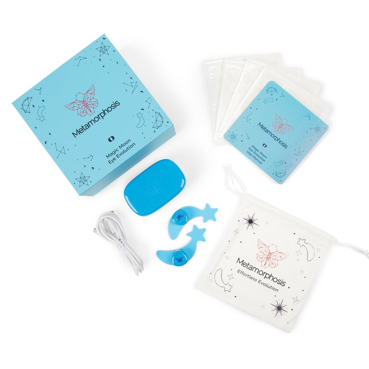 Red light therapy for dark circles, LED eye device for fine lines, eye wrinkle treatment at home - What's included: Metamorphosis MagicMoon LED device, gel eye patches, charging cable, storage case - Complete anti-aging eye treatment system