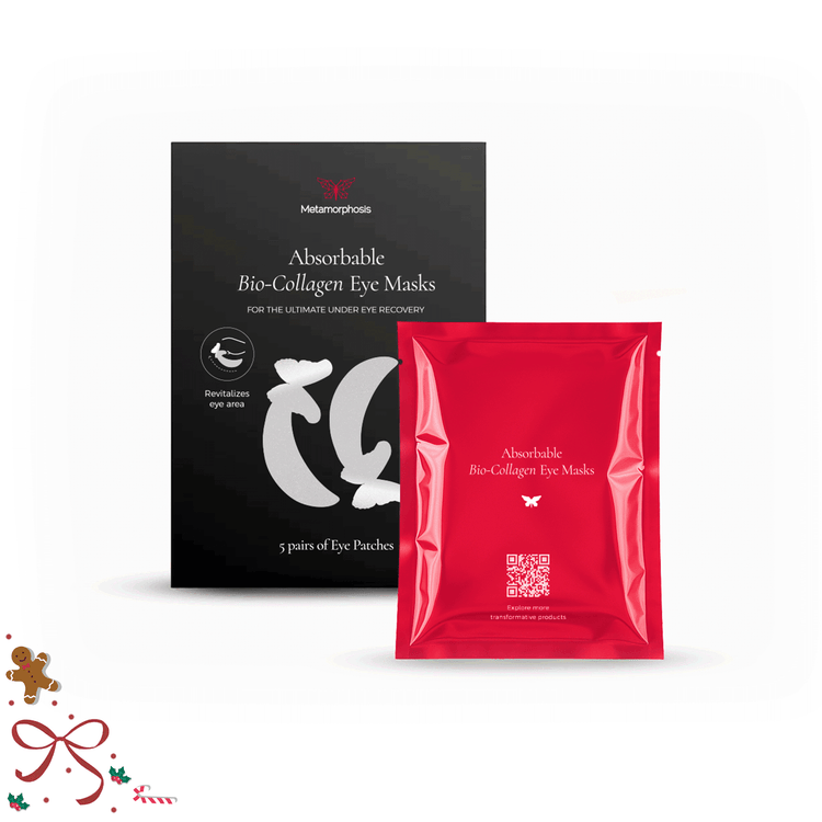 Metamorphosis Absorbable Bio-Collagen Eye Masks packaging, showing the main black box containing 5 pairs of patches and a single red foil sachet for ultimate under-eye recovery and revitalisation