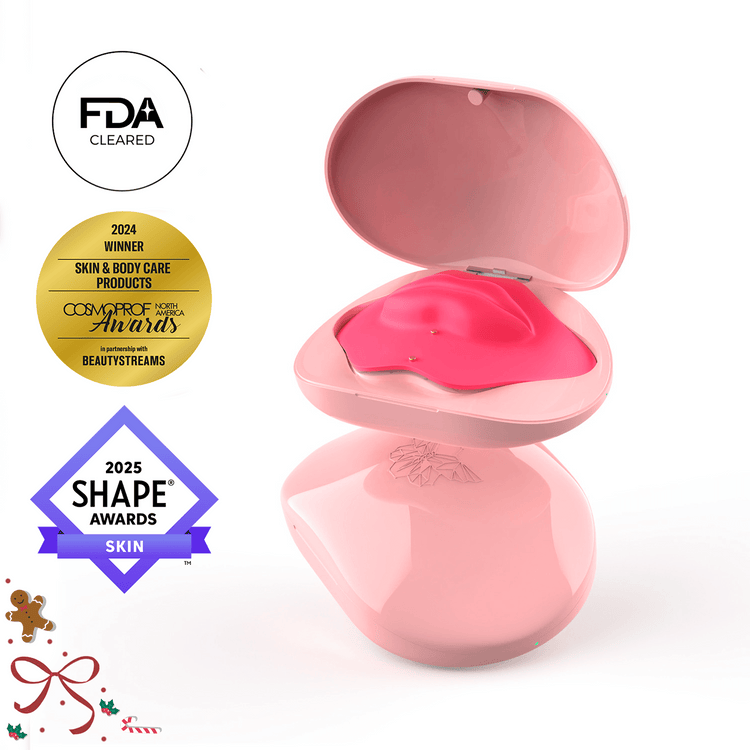 Metamorphosis LushLips red light therapy lip device in pink case with FDA cleared, 2024 Cosmoprof North America Awards, and 2025 Shape Awards logos.