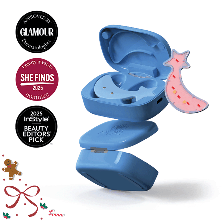 Metamorphosis MagicMoon Eye Evolution device in a blue charging case, with a separate pink star-shaped medical-grade sticker, featuring seals for Glamour Dermatologists Approved, She Finds 2025 Nominee, and InStyle 2025 Beauty Editors' Pick