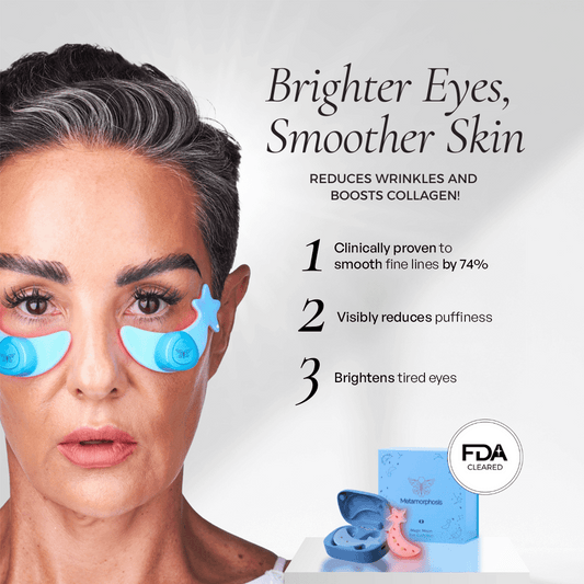 FDA-cleared Metamorphosis red light therapy for dark circles infographic showing 74% reduction in fine lines.