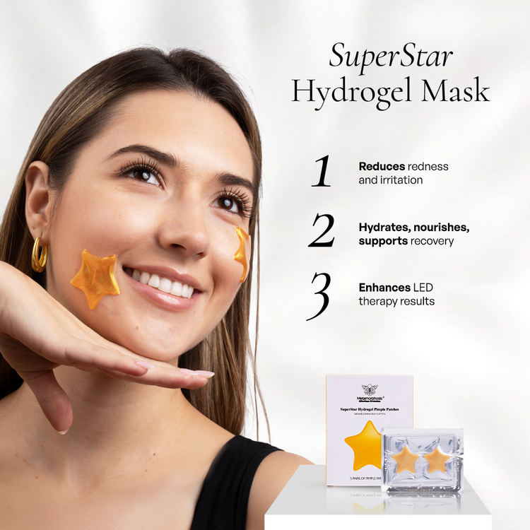 Metamorphosis Superstar Hydrogel Pimple Patches, held with butterflies, which contains 5 pairs of patches designed to absorb, shrink, and flatten pimples