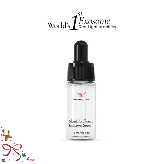 Metamorphosis SkinEXcellence Exosome Serum (15ml), an advanced formula designed to boost collagen, reduce fine lines, and enhance skin repair, especially when used with red light therapy
