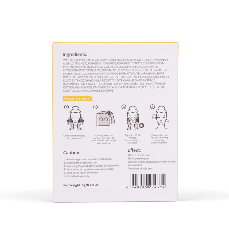 The back of the Metamorphosis hydrogel pimple patches product box, featuring usage instructions (cleanse area, apply patch for 1-2 hours), cautions, a full list of ingredients including salicylic acid and tea tree oil, and product effects like flattening pimples and absorbing fluid.