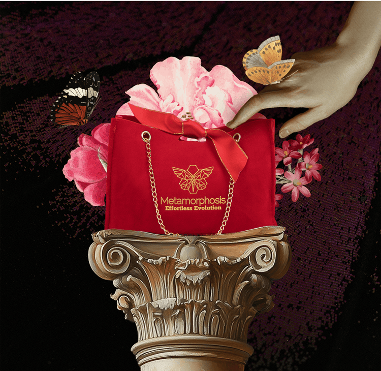 Red Metamorphosis bag with butterflies, frame