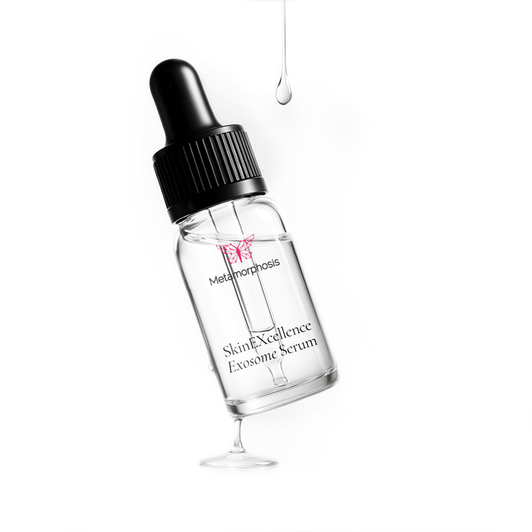 A studio product shot of the clear bottle of Metamorphosis SkinEXcellence Exosome Serum with a dropper, and a single drop falling from above, an advanced formula designed to boost collagen and enhance skin repair.