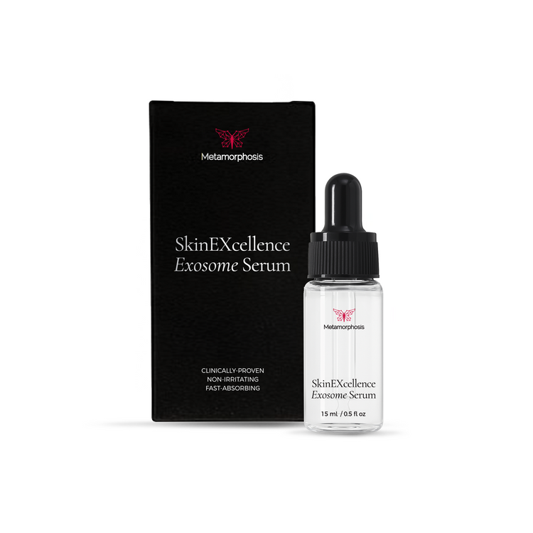 Metamorphosis SkinEXcellence Exosome Serum (15ml), highlighting claims like clinically-proven, non-irritating, and fast-absorbing for skin rejuvenation.