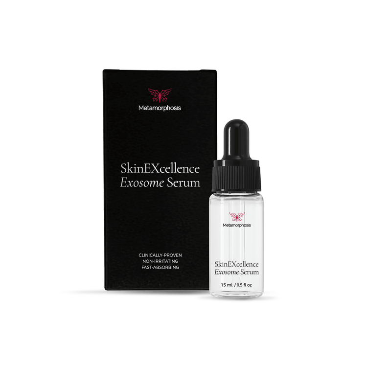 Metamorphosis SkinEXcellence Exosome Serum (15ml), highlighting claims like clinically-proven, non-irritating, and fast-absorbing for skin rejuvenation.