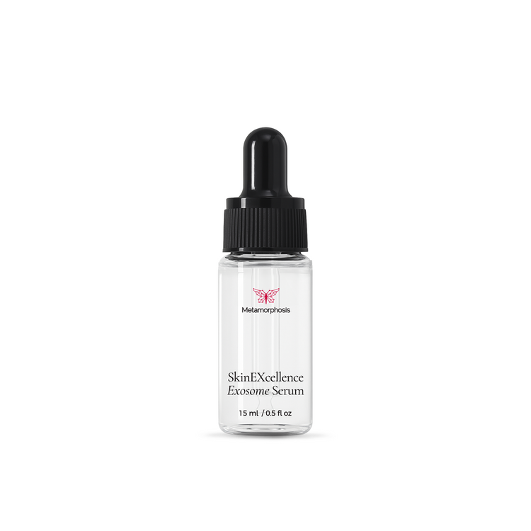A studio product shot of the clear bottle of Metamorphosis SkinEXcellence Exosome Serum (15ml), an advanced formula designed to boost collagen, reduce fine lines, and enhance skin repair, especially when used with red light therapy