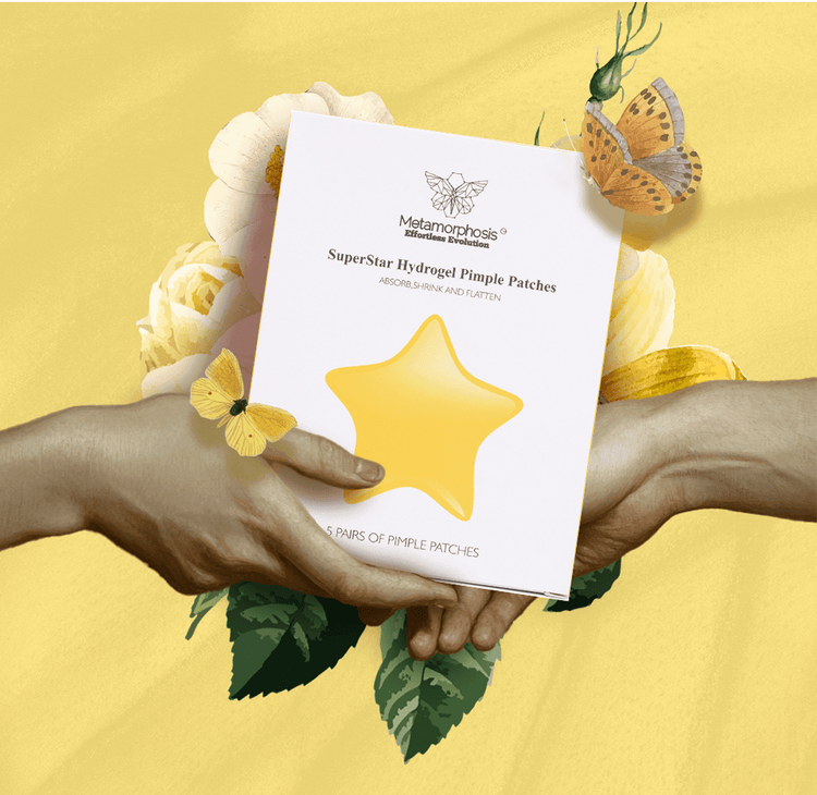 Metamorphosis Superstar Hydrogel Pimple Patches, held with butterflies, which contains 5 pairs of patches designed to absorb, shrink, and flatten pimples