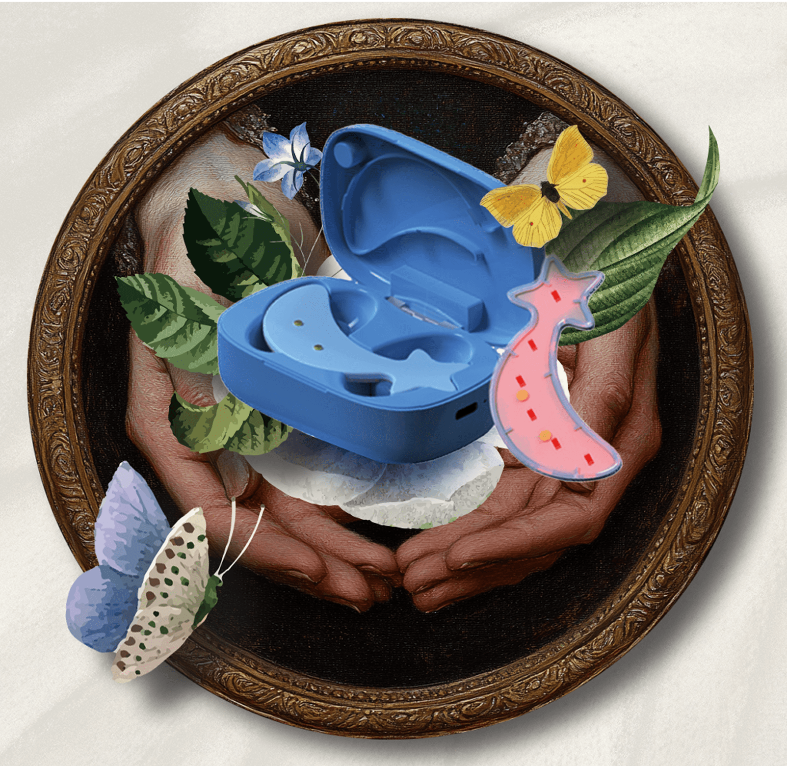 Artistic display of the Metamorphosis periorbital LED eye device for fine lines held in hands with butterflies.