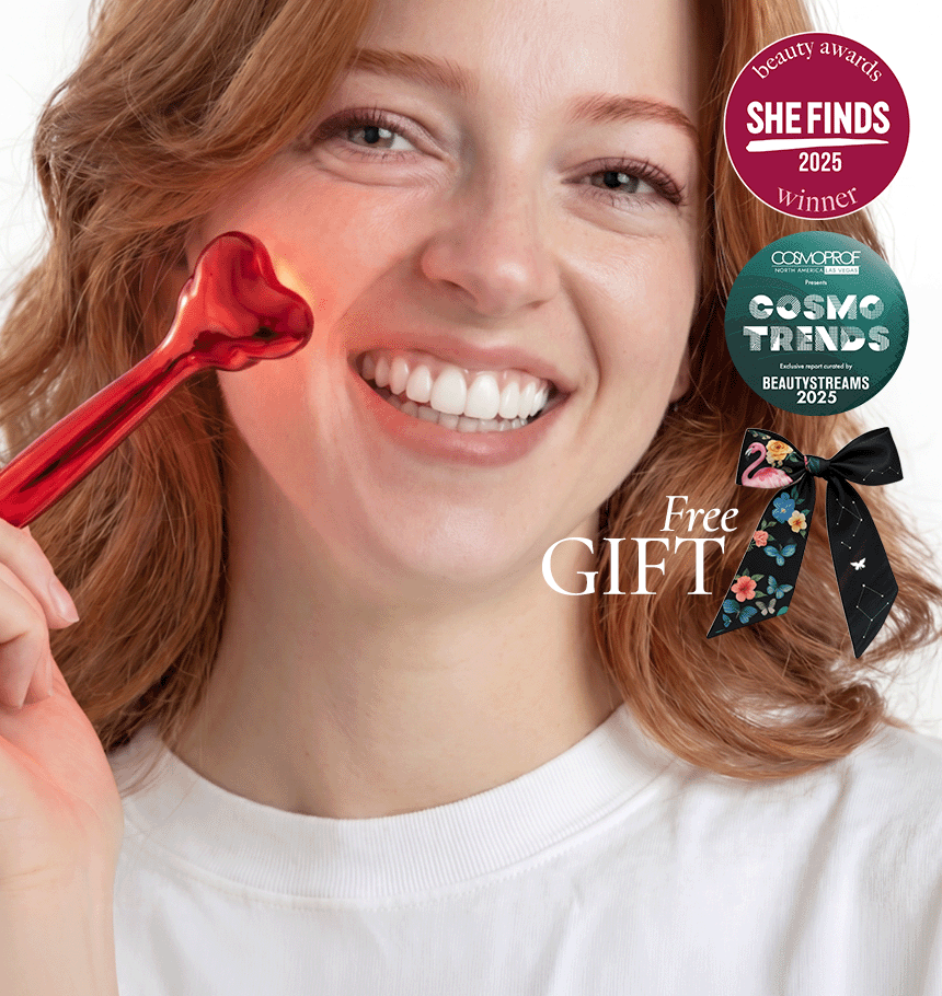 Award-winning red light therapy facial wand by Metamorphosis Light Therapy shown in a close-up product feature with a free gift promotion.