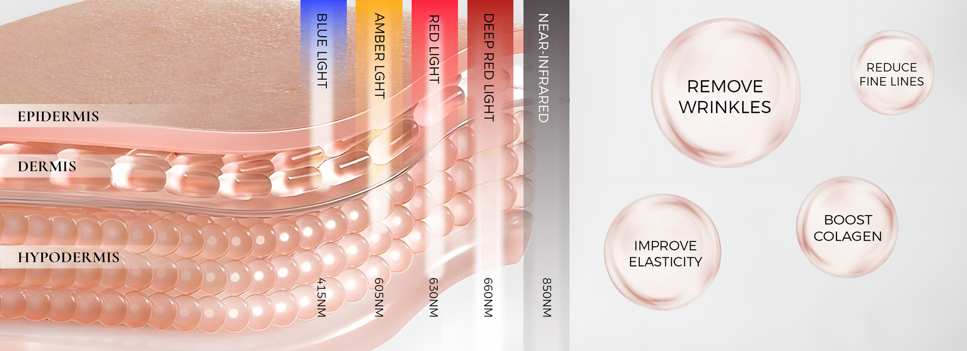 Diagram illustrating how different LED light therapy wavelengths (blue 415nm, amber 605nm, red 630nm, deep red 660nm, near-infrared 850nm) penetrate the epidermis, dermis, and hypodermis to boost collagen, improve elasticity, and reduce wrinkles