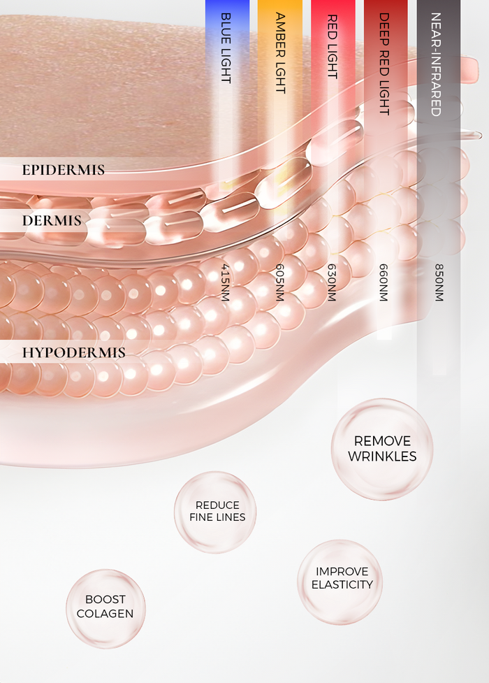 Diagram illustrating how different LED light therapy wavelengths (blue 415nm, amber 605nm, red 630nm, deep red 660nm, near-infrared 850nm) penetrate the epidermis, dermis, and hypodermis to boost collagen, improve elasticity, and reduce wrinkles