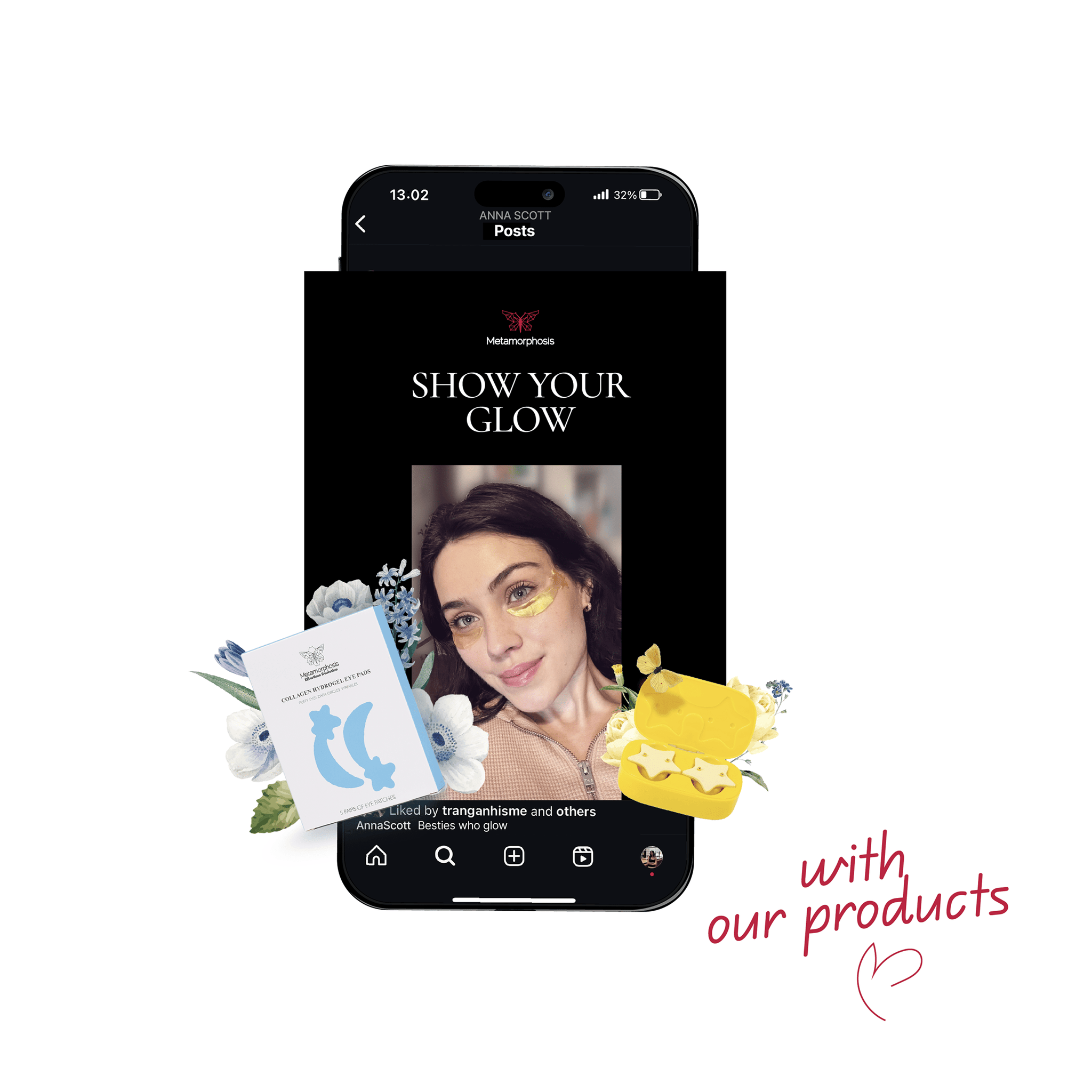 A smartphone displaying an Instagram post from Anna Scott promoting Metamorphosis Absorbable Bio-Collagen Eye Masks, alongside the product packaging and a yellow eye mask container, with text reading 'SHOW YOUR GLOW' and 'with our products