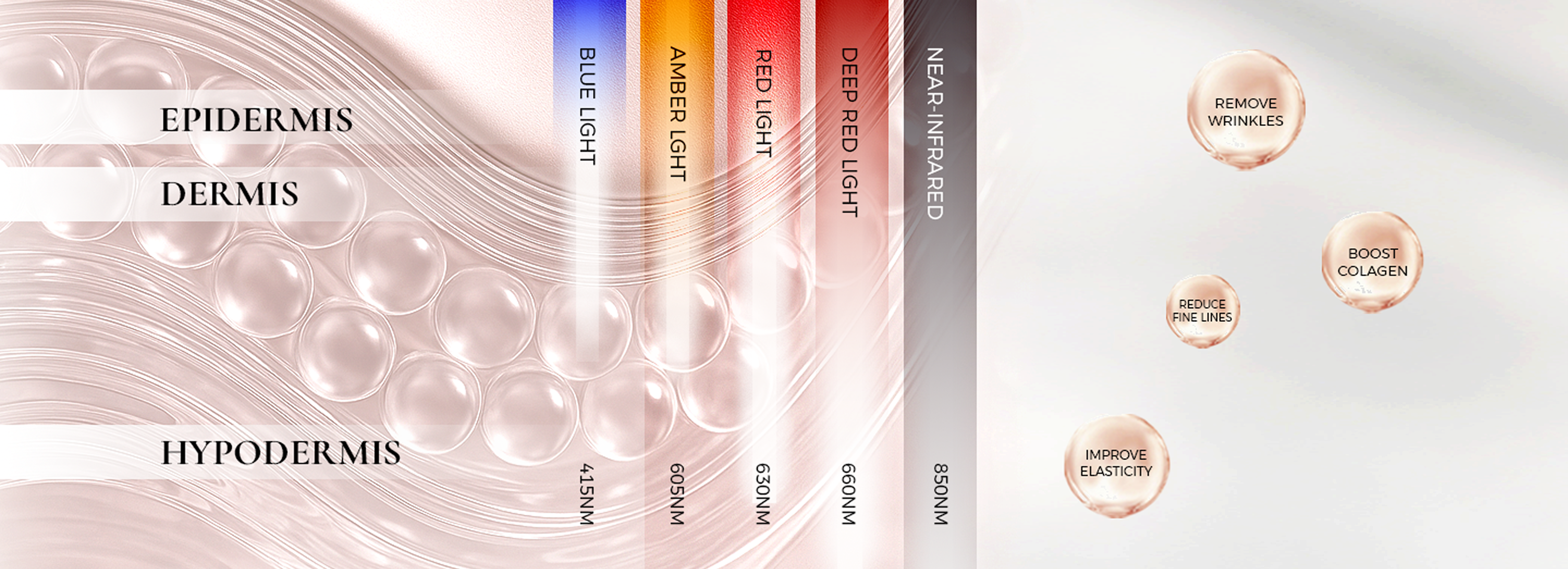 Diagram illustrating how different LED light therapy wavelengths (blue 415nm, amber 605nm, red 630nm, deep red 660nm, near-infrared 850nm) penetrate the epidermis, dermis, and hypodermis to boost collagen, improve elasticity, and reduce wrinkles