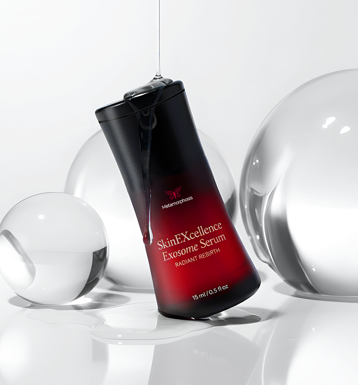 Metamorphosis SkinEXcellence Exosome Serum bottle in black and red, with serum dripping from the dropper, surrounded by abstract glass spheres, highlighting the 'Radiant Rebirth' formula