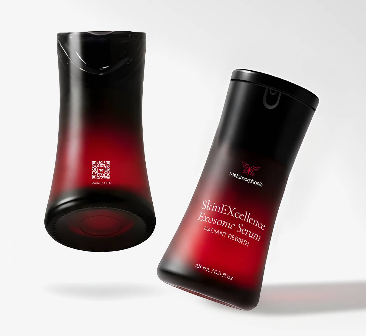 Metamorphosis SkinEXcellence Exosome Serum bottles in a black and red gradient design, displaying the 'Radiant Rebirth' text, size, and QR code