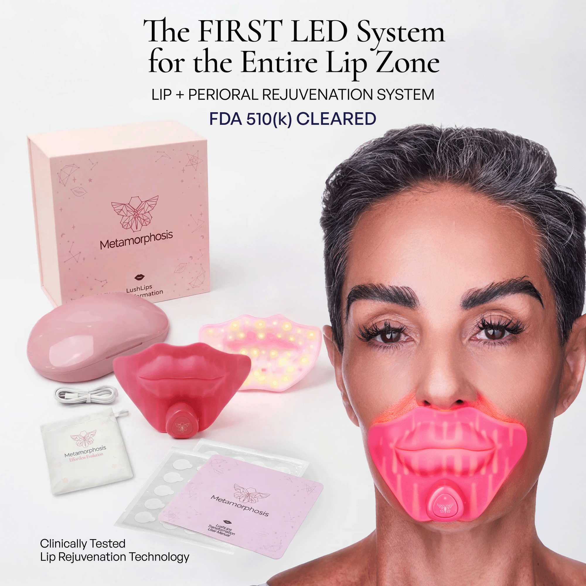 Metamorphosis LushLips FDA-cleared at-home lip wrinkle treatment kit - first LED perioral lines device for complete lip zone rejuvenation