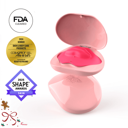 Metamorphosis LushLips red light therapy lip device in pink case with FDA cleared, 2024 Cosmoprof North America Awards, and 2025 Shape Awards logos.