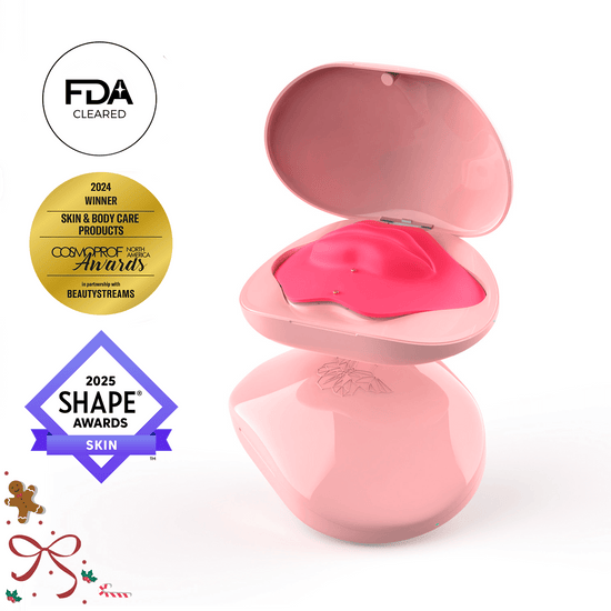 Metamorphosis LushLips red light therapy lip device in pink case with FDA cleared, 2024 Cosmoprof North America Awards, and 2025 Shape Awards logos.