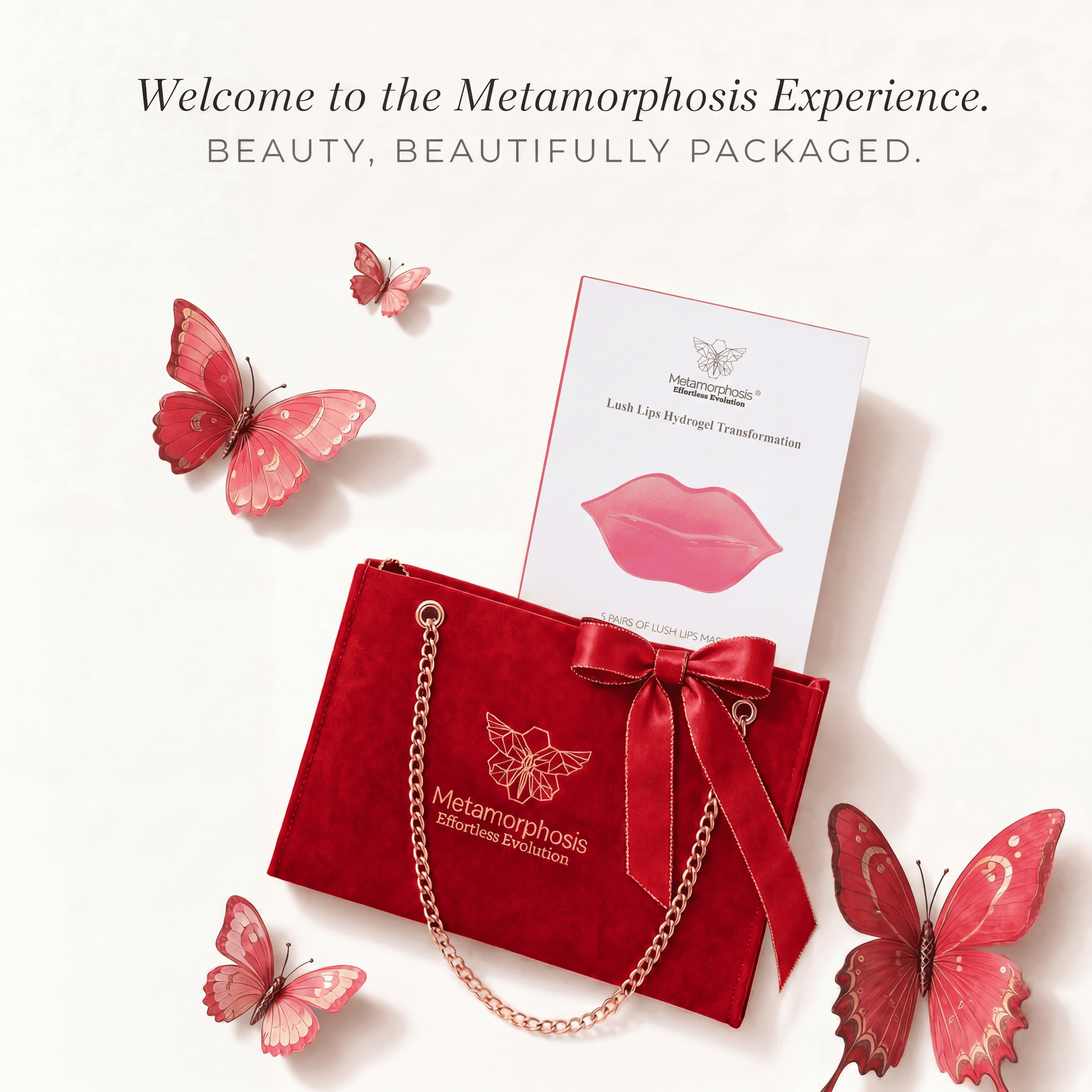 Metamorphosis Lush Lips Hydrogel Transformation mask card inside a luxury red velvet gift bag with a gold chain strap and bow, surrounded by pink decorative butterflies.
