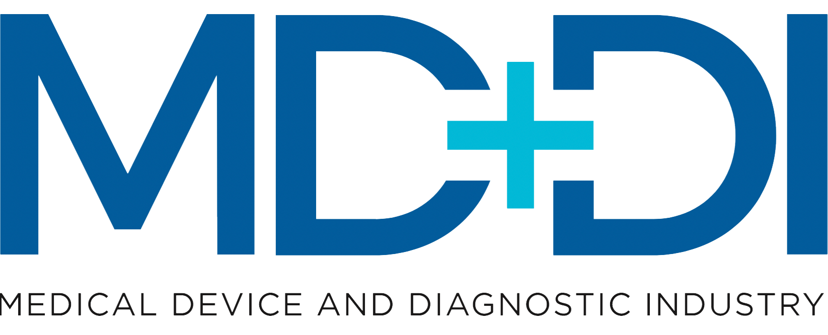 Metamorphosis Logo of MD+DI, Medical Device and Diagnostic Industry, with blue and white colors.