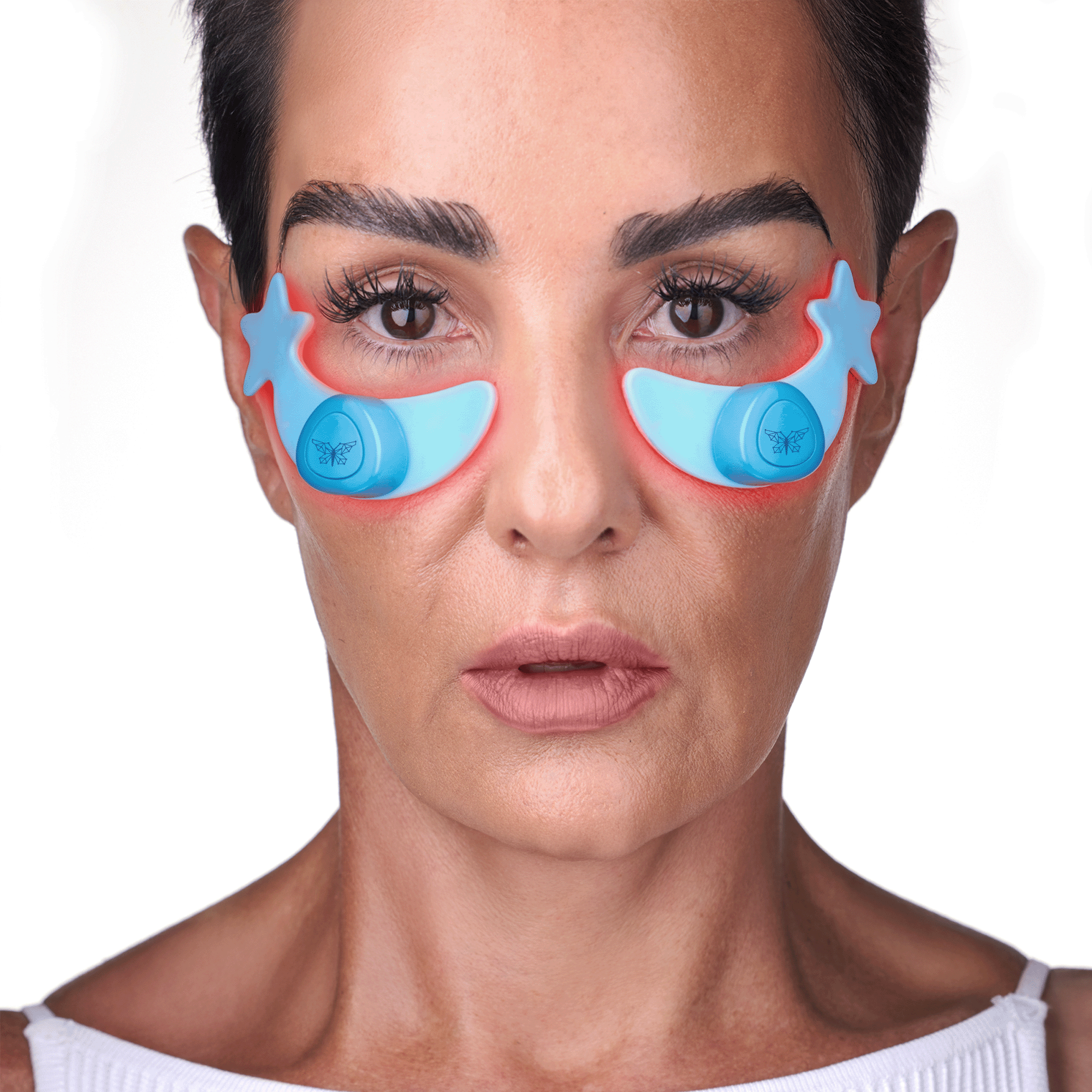 Portrait of a woman using the Metamorphosis at-home periorbital wrinkle treatment with dual glowing LED moons.
