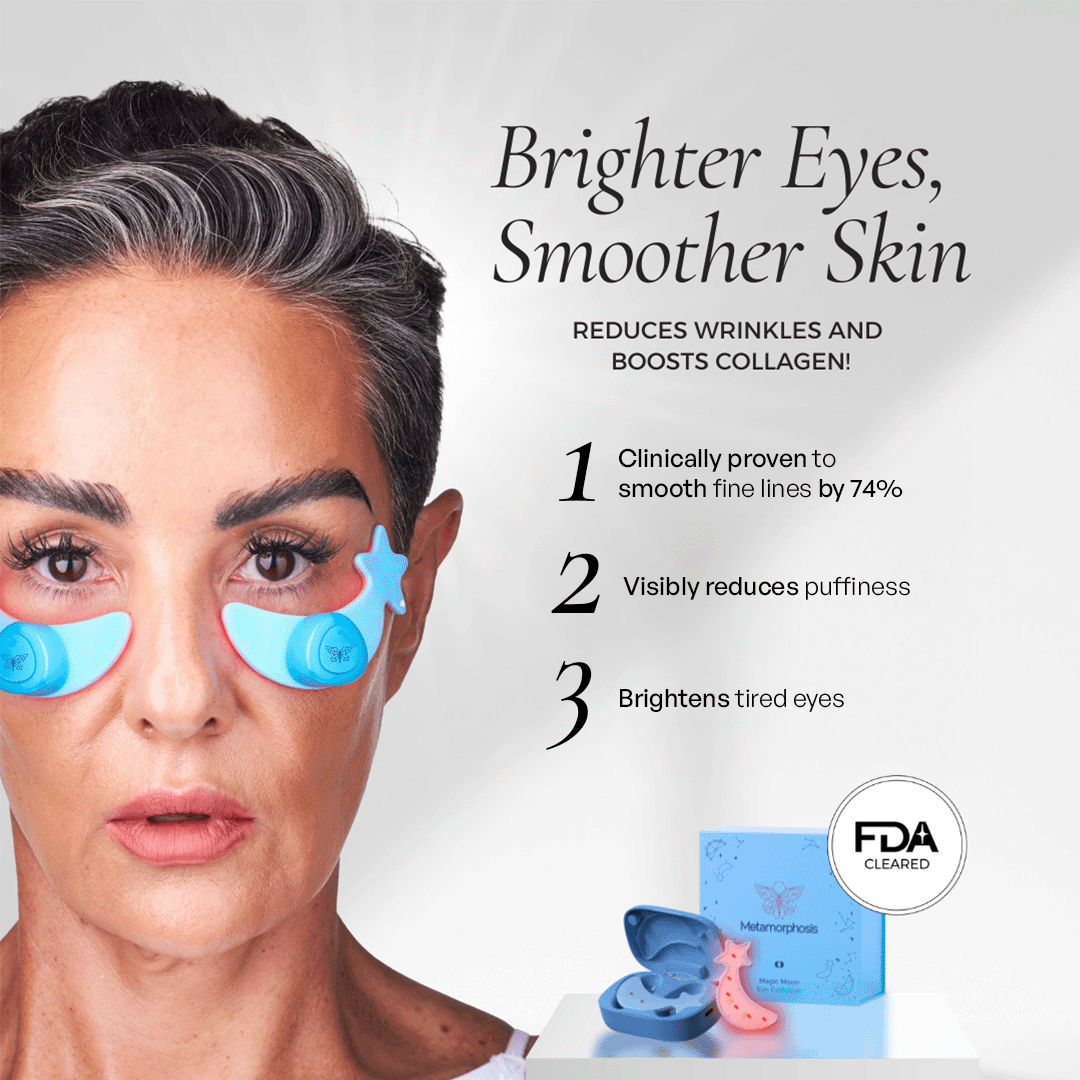 FDA-cleared Metamorphosis red light therapy for dark circles infographic showing 74% reduction in fine lines.