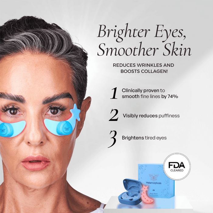 FDA-cleared Metamorphosis red light therapy for dark circles infographic showing 74% reduction in fine lines.