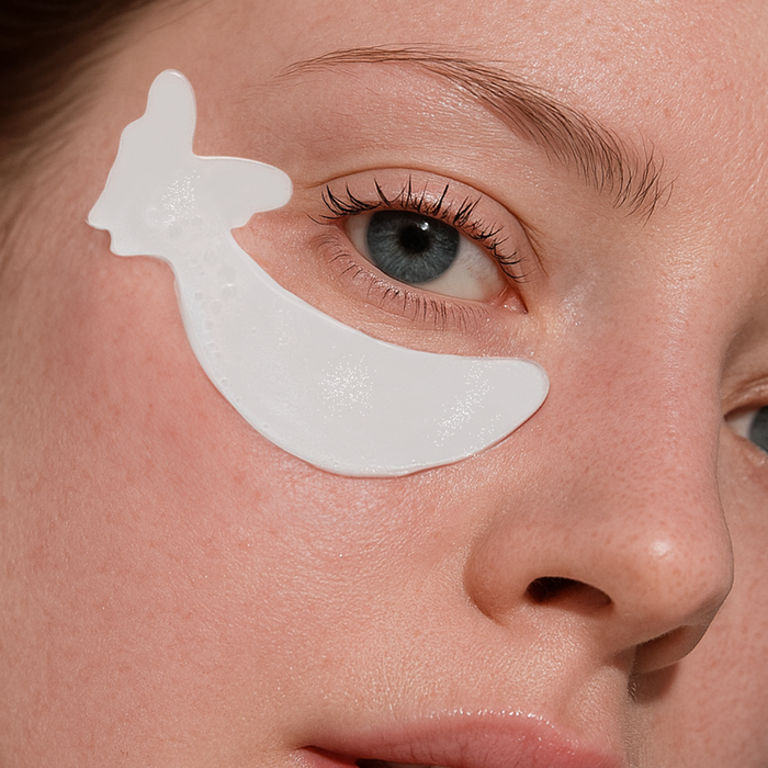 Close-up of a woman wearing a Metamorphosis Magic Moon hydrogel under-eye patch, showcasing the butterfly-wing design and moisture-rich texture.