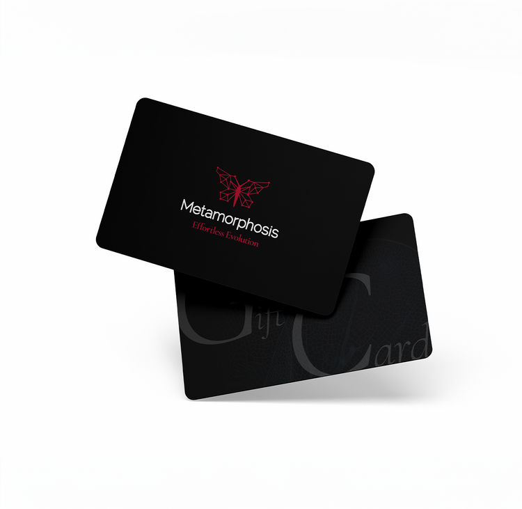 A premium black business card is displayed with a red geometric butterfly logo symbolizing transformation. The brand name “Metamorphosis” is centered in clean white typography with a refined, modern look. The tagline “Effortless Evolution” adds a subtle message of growth and innovation. Two overlapping cards are angled to showcase both sides of the design.