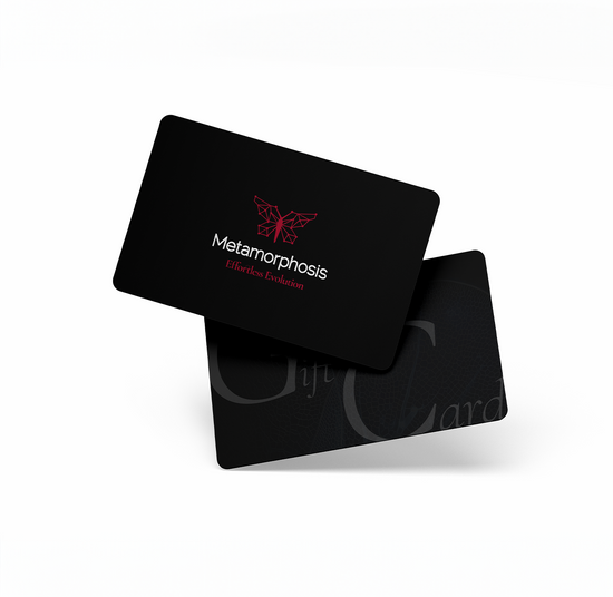 A premium black business card is displayed with a red geometric butterfly logo symbolizing transformation. The brand name “Metamorphosis” is centered in clean white typography with a refined, modern look.
