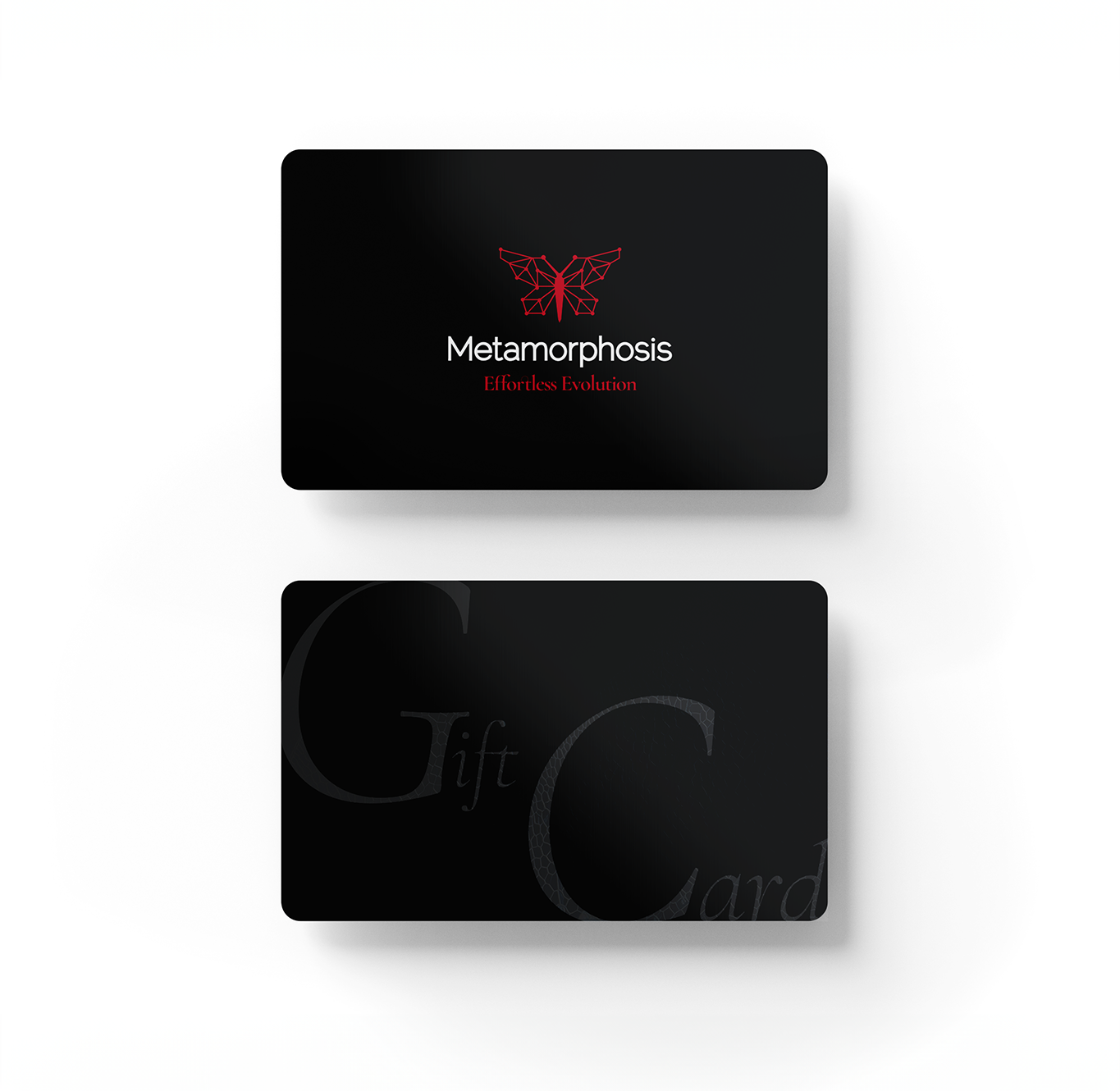 Metamorphosis two cards are displayed in a layered, tilted position to highlight both the front and back design. The overall visual conveys a premium, professional, and minimalist brand identity.