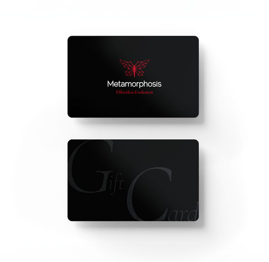 Metamorphosis two cards are displayed in a layered, tilted position to highlight both the front and back design. The overall visual conveys a premium, professional, and minimalist brand identity.