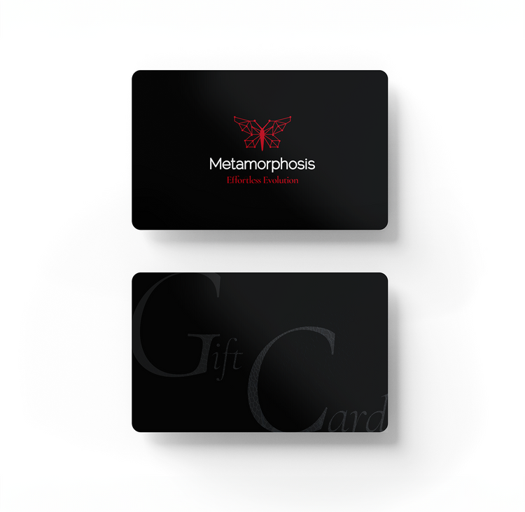 Metamorphosis two cards are displayed in a layered, tilted position to highlight both the front and back design. The overall visual conveys a premium, professional, and minimalist brand identity.