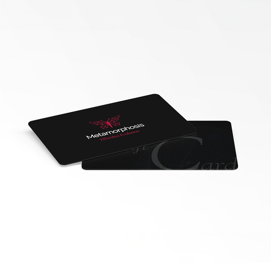 A sleek black business card design is shown with a modern red butterfly logo and the brand name “Metamorphosis” in white text.