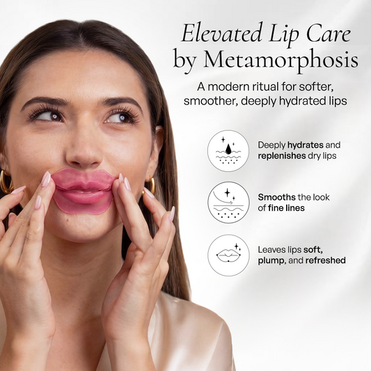 Metamorphosis Woman applying lip balm with text about elevated lip care by Metamorphosis