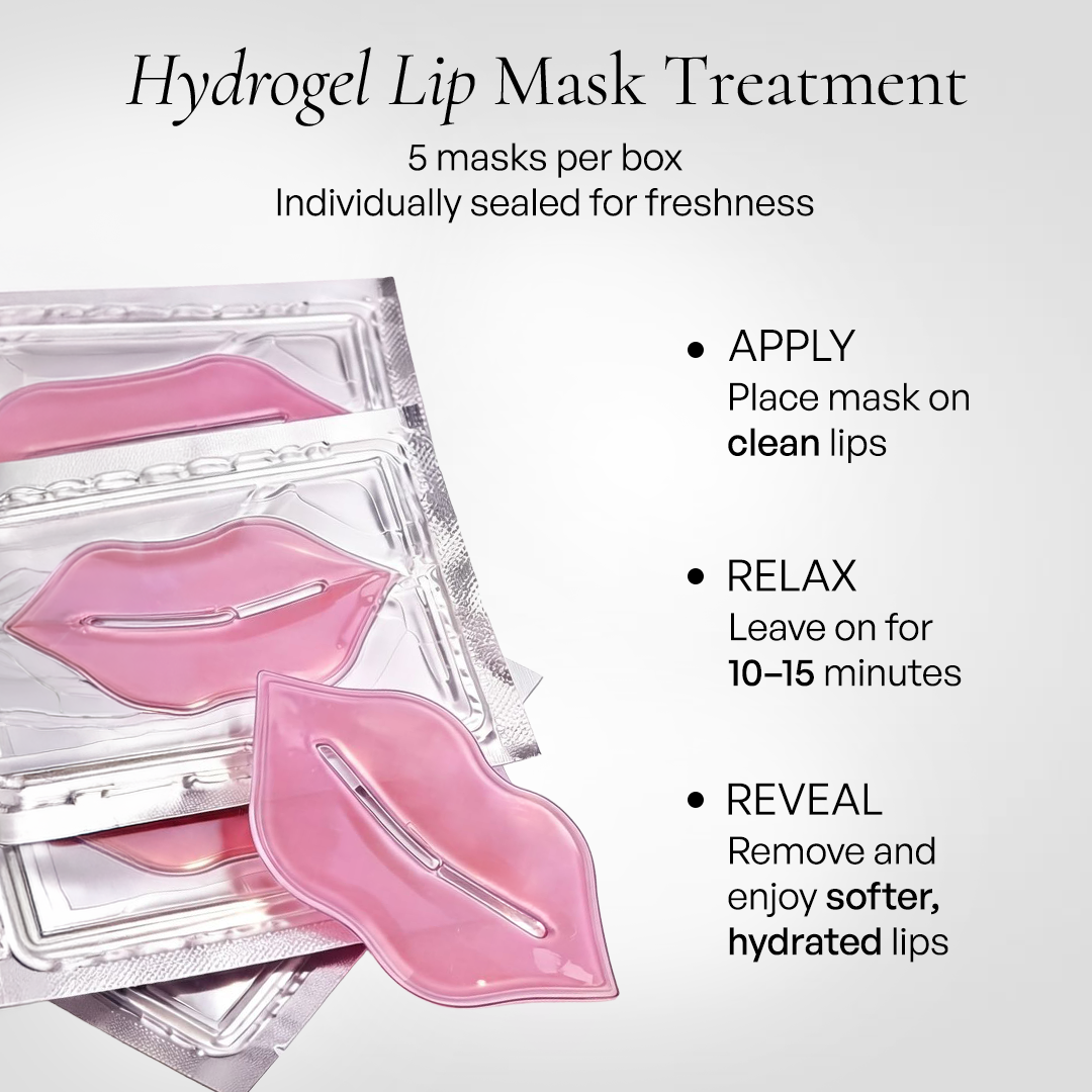 Metamorphosis Hydrogel lip mask treatment with packaging and usage instructions on a white background