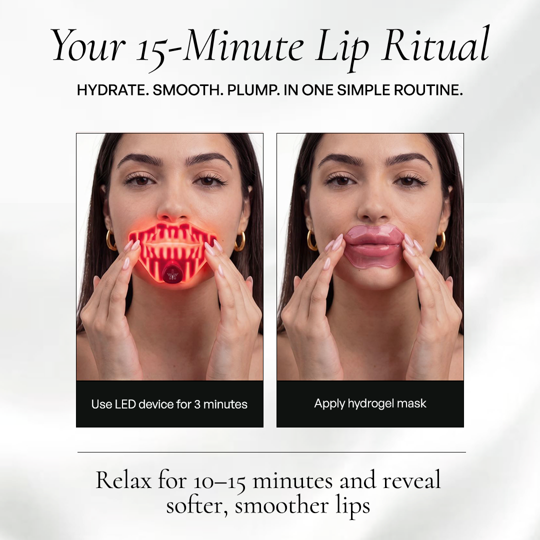 Metamorphosis Lip care routine with LED device and hydrogel mask on a white background