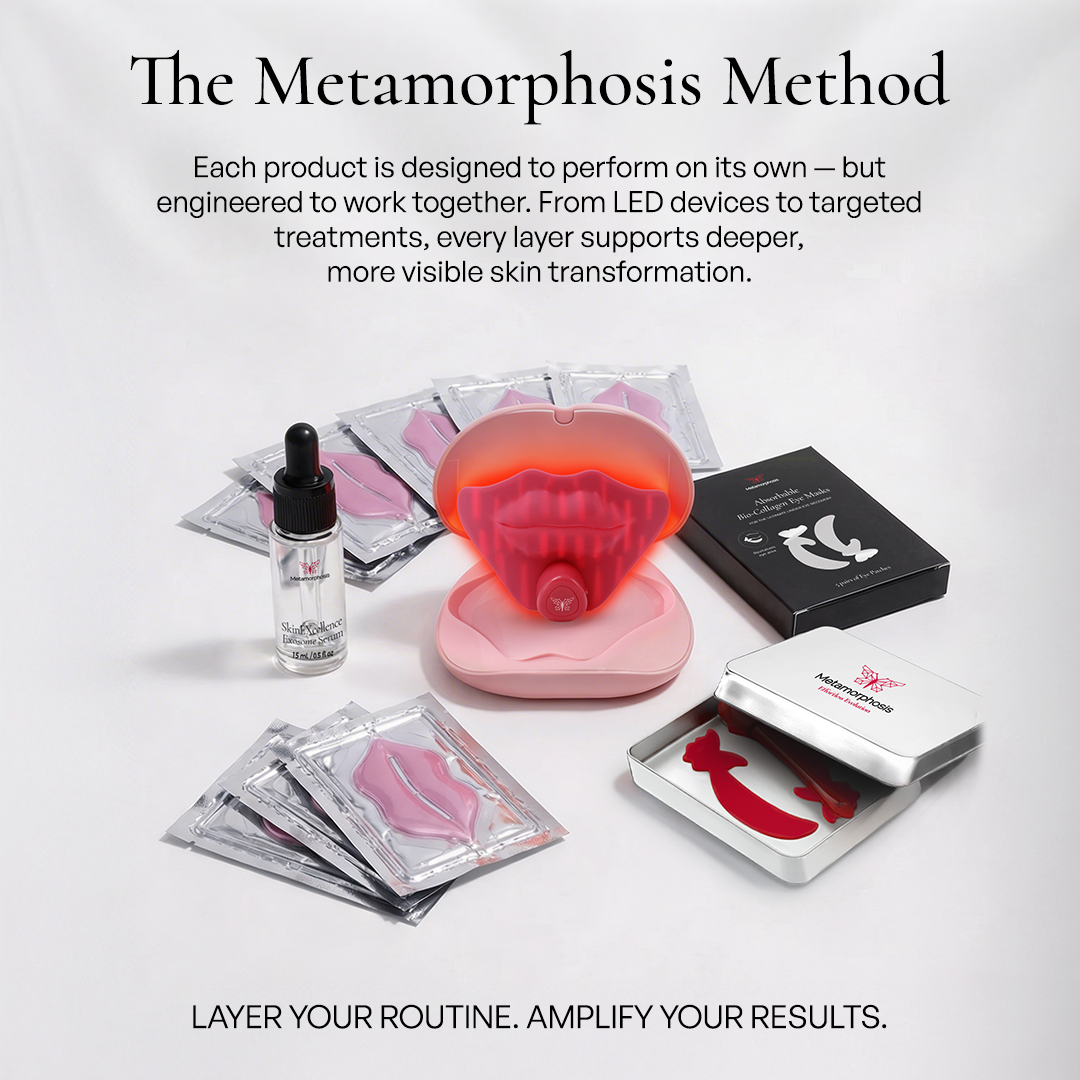Metamorphosis Skincare products with LED device and text about 'The Metamorphosis Method' on a light gray background.