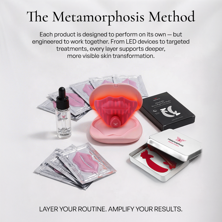 Metamorphosis Skincare products with LED device and text about 'The Metamorphosis Method' on a light gray background.