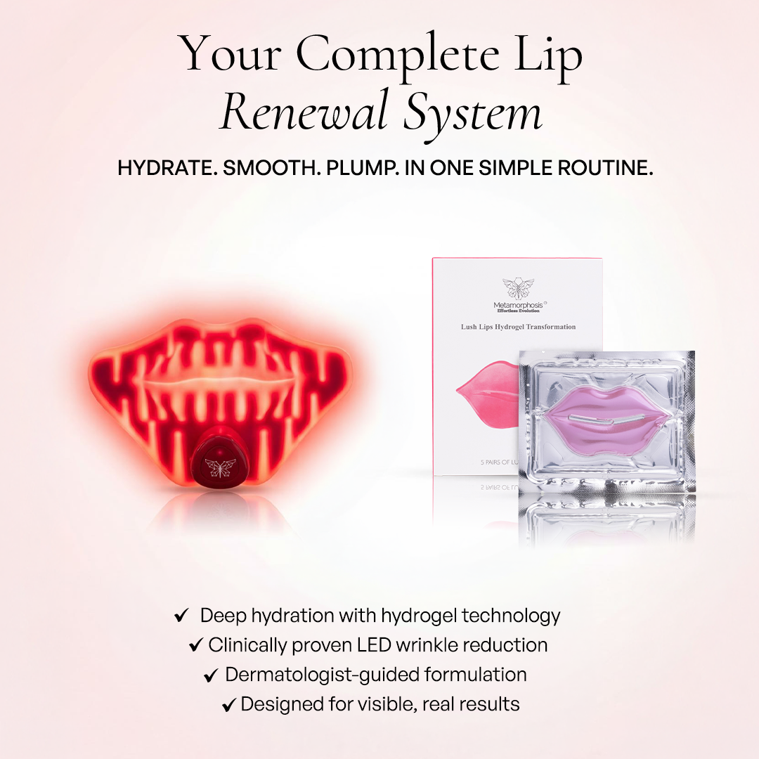 Metamorphosis Lip care product with LED light and packaging on a pink background