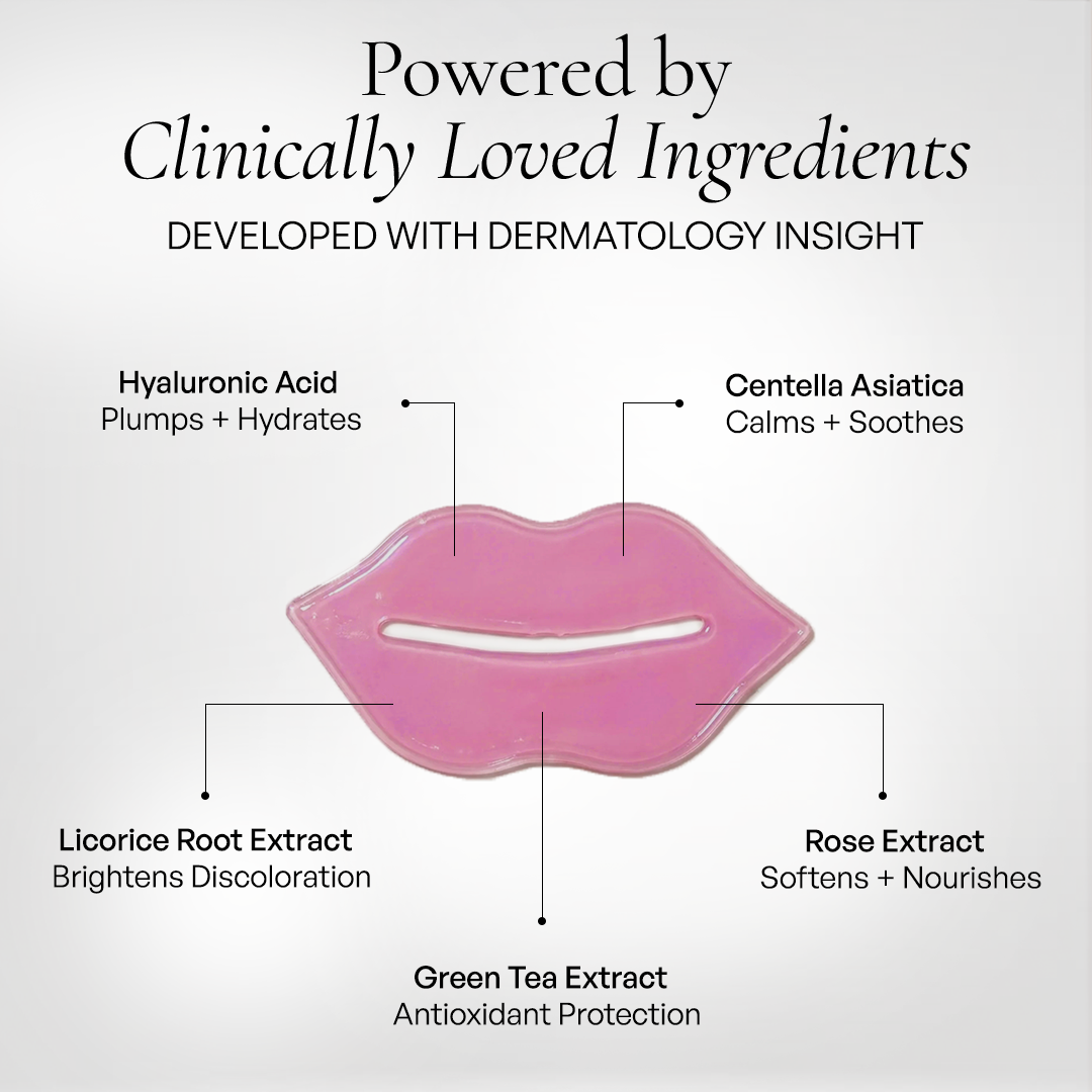 Metamorphosis Lip mask with text detailing clinically loved ingredients and their benefits on a white background