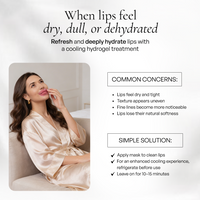Metamorphosis Woman applying lip balm with text about a cooling hydrogel treatment for dry, dull, or dehydrated lips.