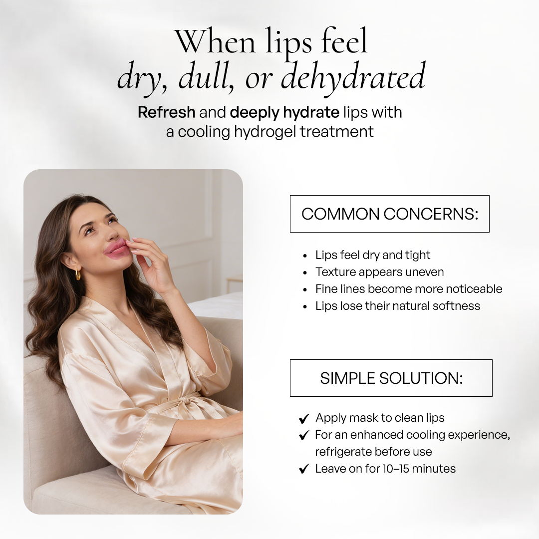 Metamorphosis Woman applying lip balm with text about a cooling hydrogel treatment for dry, dull, or dehydrated lips.