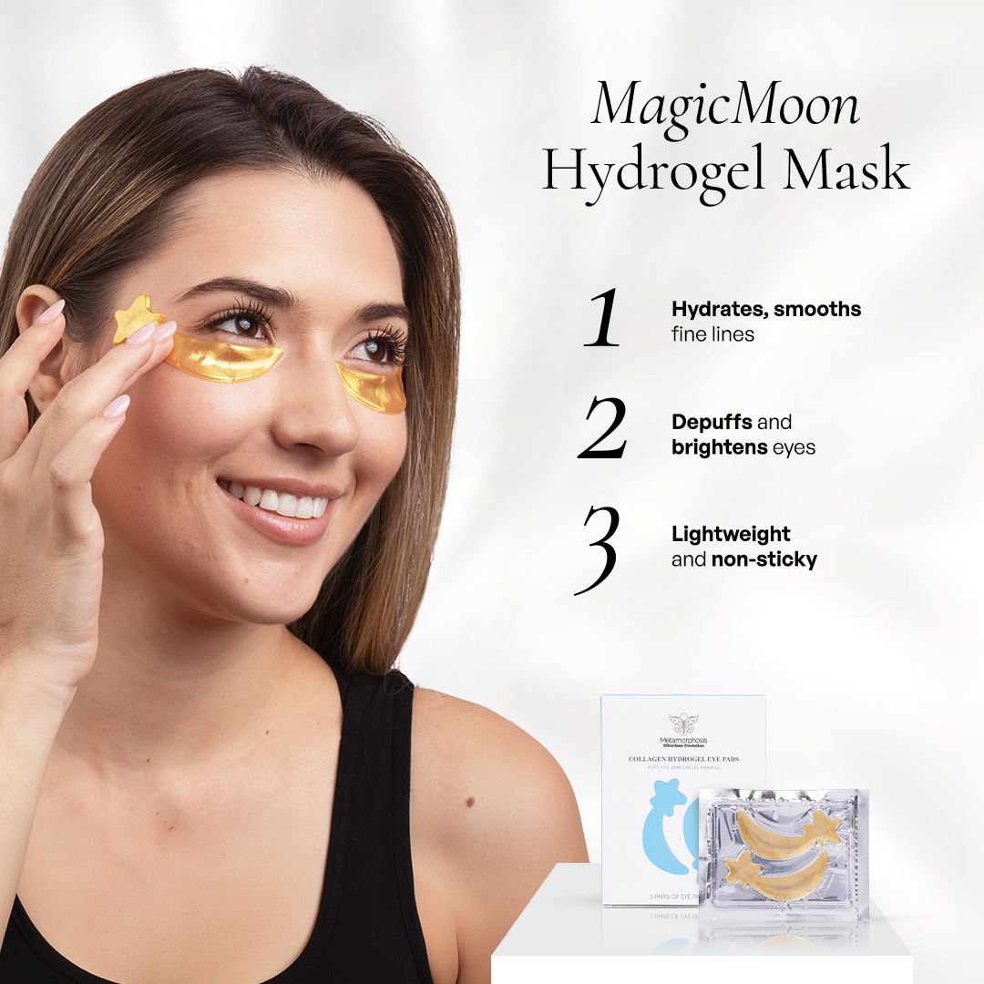 Metamorphosis Magic Moon hydrogel eye mask infographic showing gold butterfly patches for hydrating fine lines, depuffing, and brightening the periorbital area.